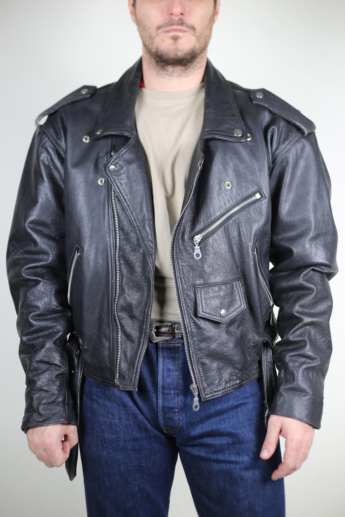 Vintage leather biker jacket - L -